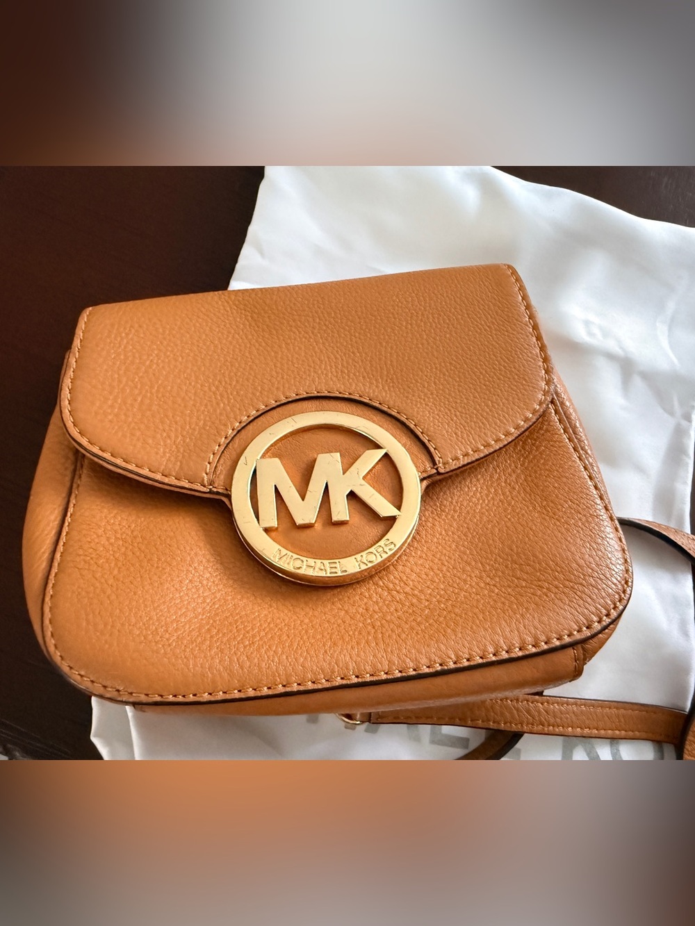 Michael Kors Cognac Leather Crossbody with Gold MK Medallion
